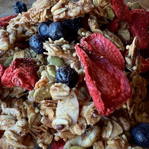 Granola clusters with dried strawberries and blueberries